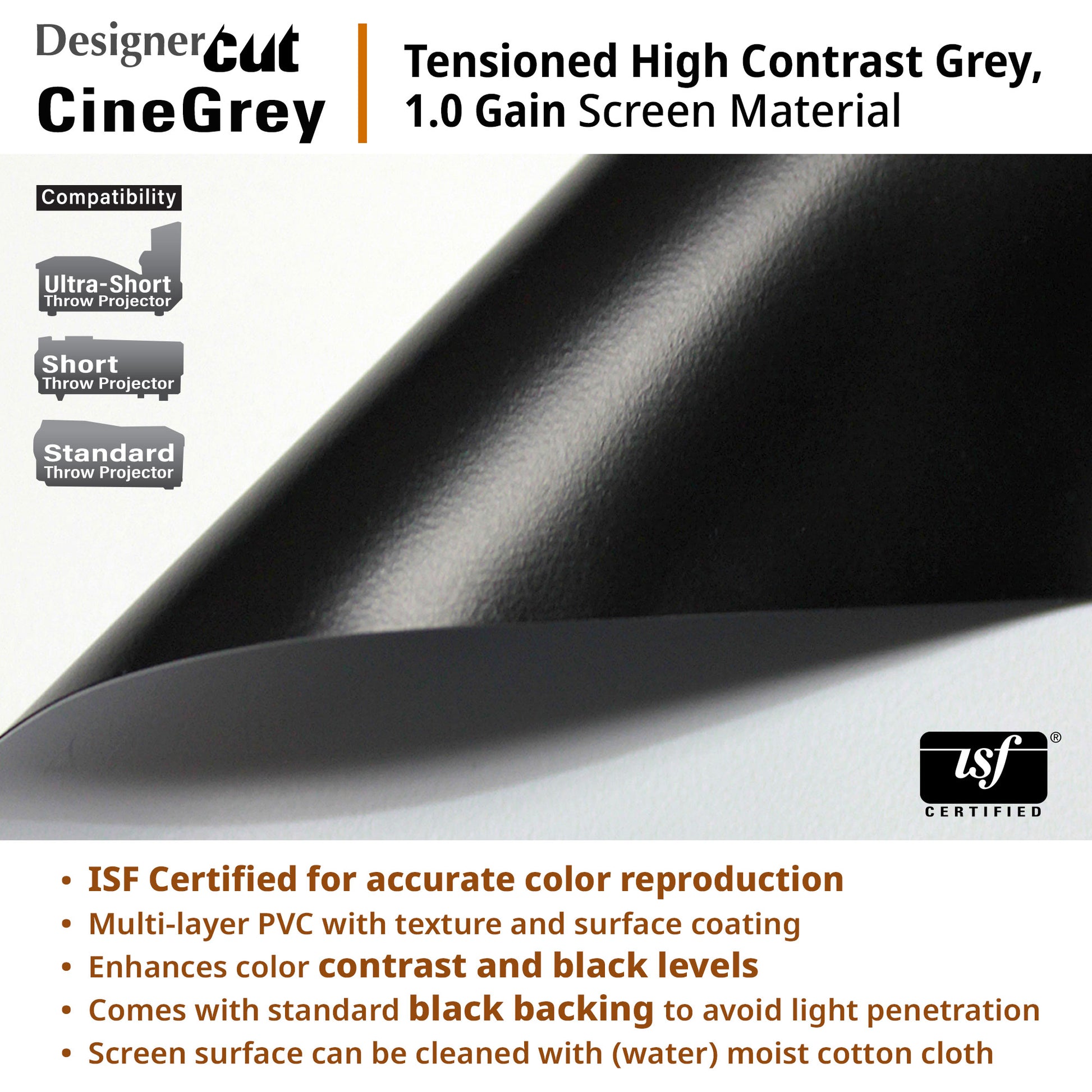 Advertisement for CineGrey tensioned high contrast grey screen material with ISF certification.