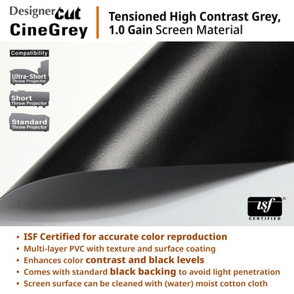 Advertisement for CineGrey tensioned high contrast grey screen material with ISF certification.