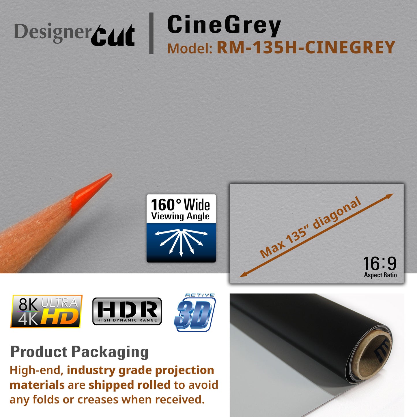 CineGrey projection material with pencil for scale on a gray background