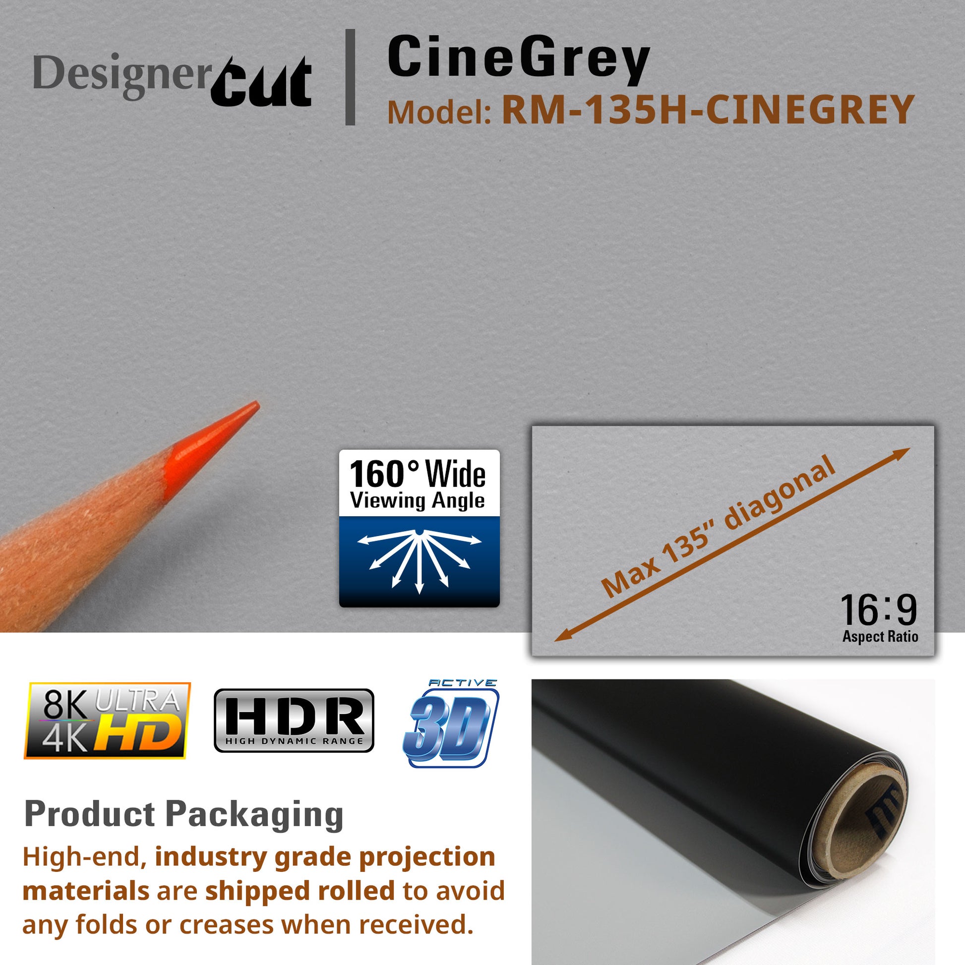 CineGrey projection material with pencil for scale on a gray background