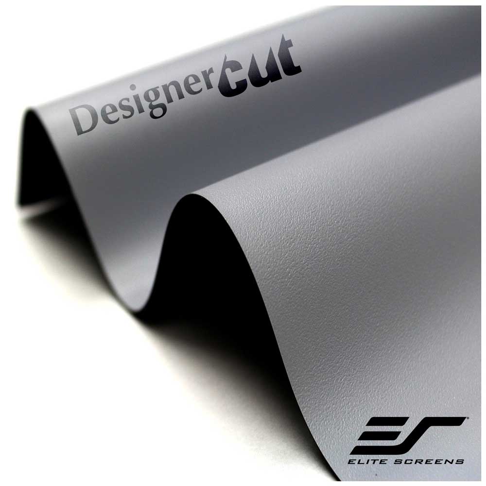 A close-up of a gray textured vinyl or leather-like material sheet with the words 'Designer cut' printed on it and the Elite Screens logo in the lower right corner, photographed on a white background.