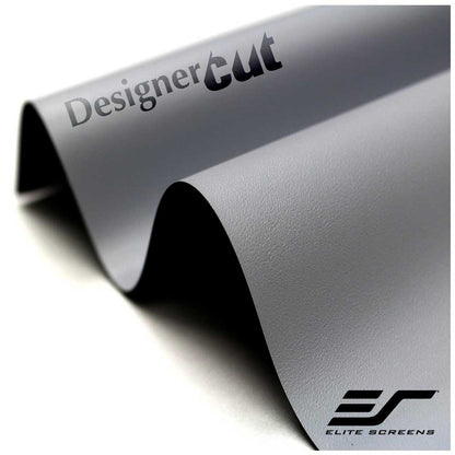 A close-up of a gray textured vinyl or leather-like material sheet with the words 'Designer cut' printed on it and the Elite Screens logo in the lower right corner, photographed on a white background.