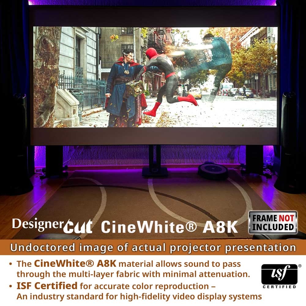 A CinemaWhite A8K projector screen mounted on a stand in a home theater setup, displaying a superhero fight scene. The image includes promotional text for the Designer Cut CineWhite A8K material and certification badges.