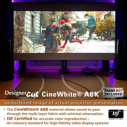 A CinemaWhite A8K projector screen mounted on a stand in a home theater setup, displaying a superhero fight scene. The image includes promotional text for the Designer Cut CineWhite A8K material and certification badges.