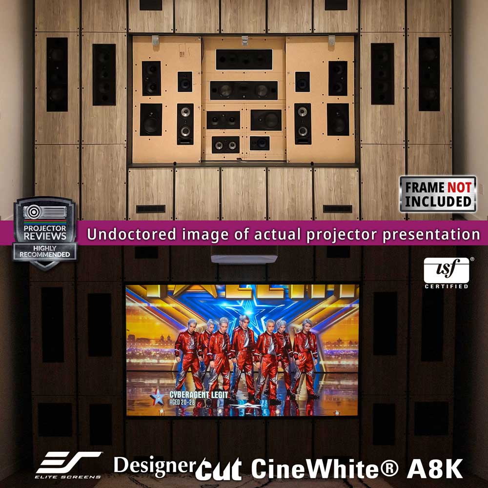 A large wall-mounted cinema projector screen display showing a stage scene, with a dark wood surround and multiple speaker grilles. Text overlays include 'Undoctored image of actual projector presentation,' 'Frame not included,' 'Producer Reviews Highly Recommended,' 'TS Certified,' and 'Elite Screens Designer Cut CineWhite A8K.