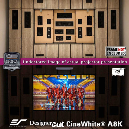 A large wall-mounted cinema projector screen display showing a stage scene, with a dark wood surround and multiple speaker grilles. Text overlays include 'Undoctored image of actual projector presentation,' 'Frame not included,' 'Producer Reviews Highly Recommended,' 'TS Certified,' and 'Elite Screens Designer Cut CineWhite A8K.