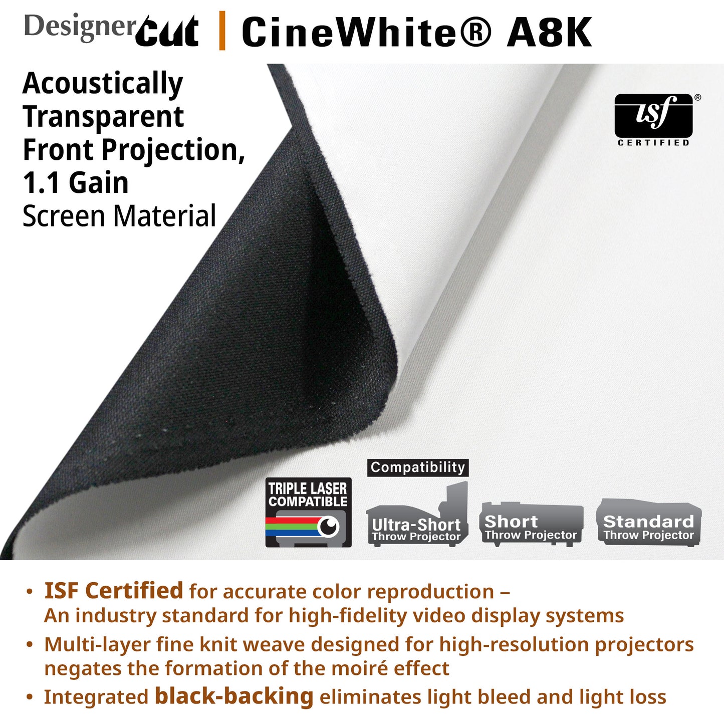 CineWhite A8K screen material with ISF certification and compatibility features on a white background