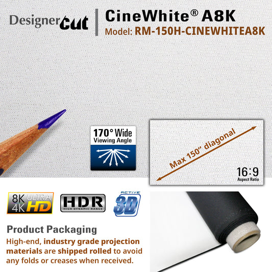 CineWhite A8K projection screen with specifications and features on a gray background
