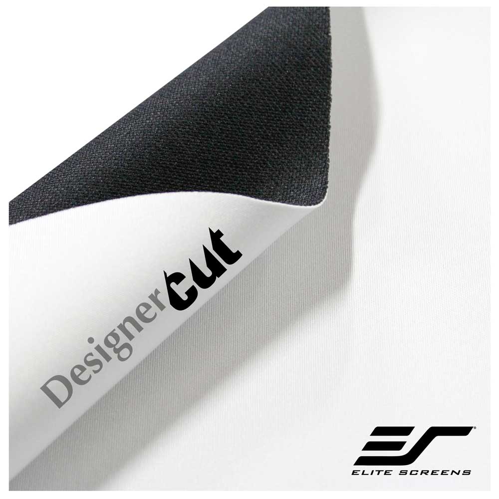 A close-up of a white textured material with a black underside, shown folded diagonally. The white side is printed with the words 'Designer cut' in black and gray, and the Elite Screens logo appears in the bottom right corner.