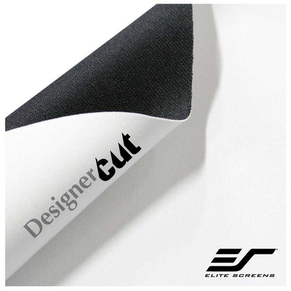 A close-up of a white textured material with a black underside, shown folded diagonally. The white side is printed with the words 'Designer cut' in black and gray, and the Elite Screens logo appears in the bottom right corner.