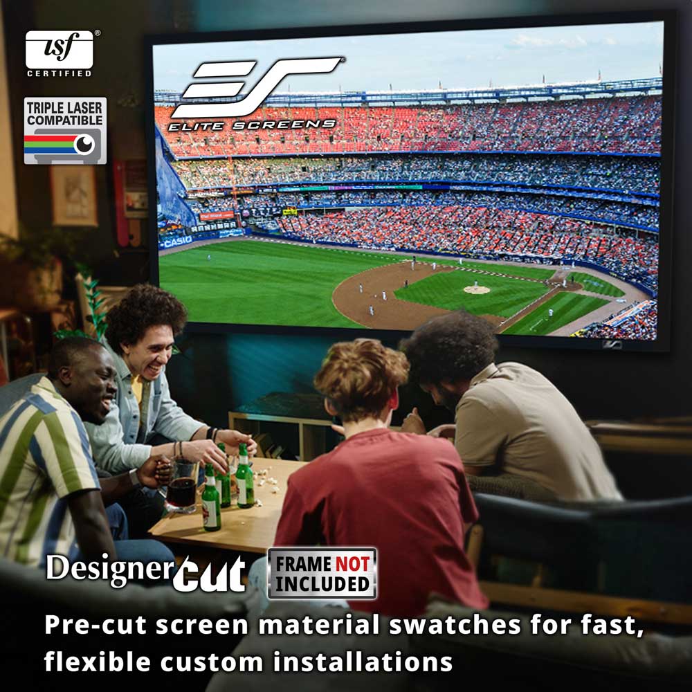 A lifestyle scene shows several people sitting around a table in a dimly lit room, watching a large TV screen displaying a baseball stadium. The image includes certification badges in the top left and promotional text at the bottom about designer cut pre-cut screen material swatches.