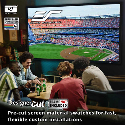 A lifestyle scene shows several people sitting around a table in a dimly lit room, watching a large TV screen displaying a baseball stadium. The image includes certification badges in the top left and promotional text at the bottom about designer cut pre-cut screen material swatches.
