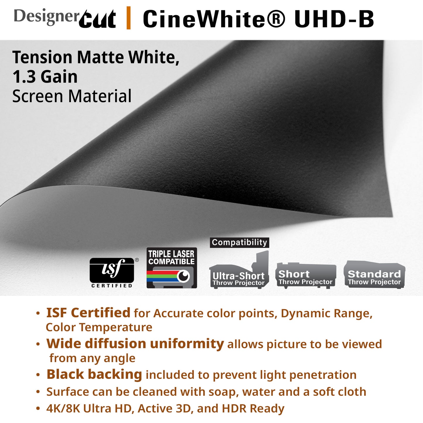 CineWhite UHD-B screen material with compatibility and feature details on a white background