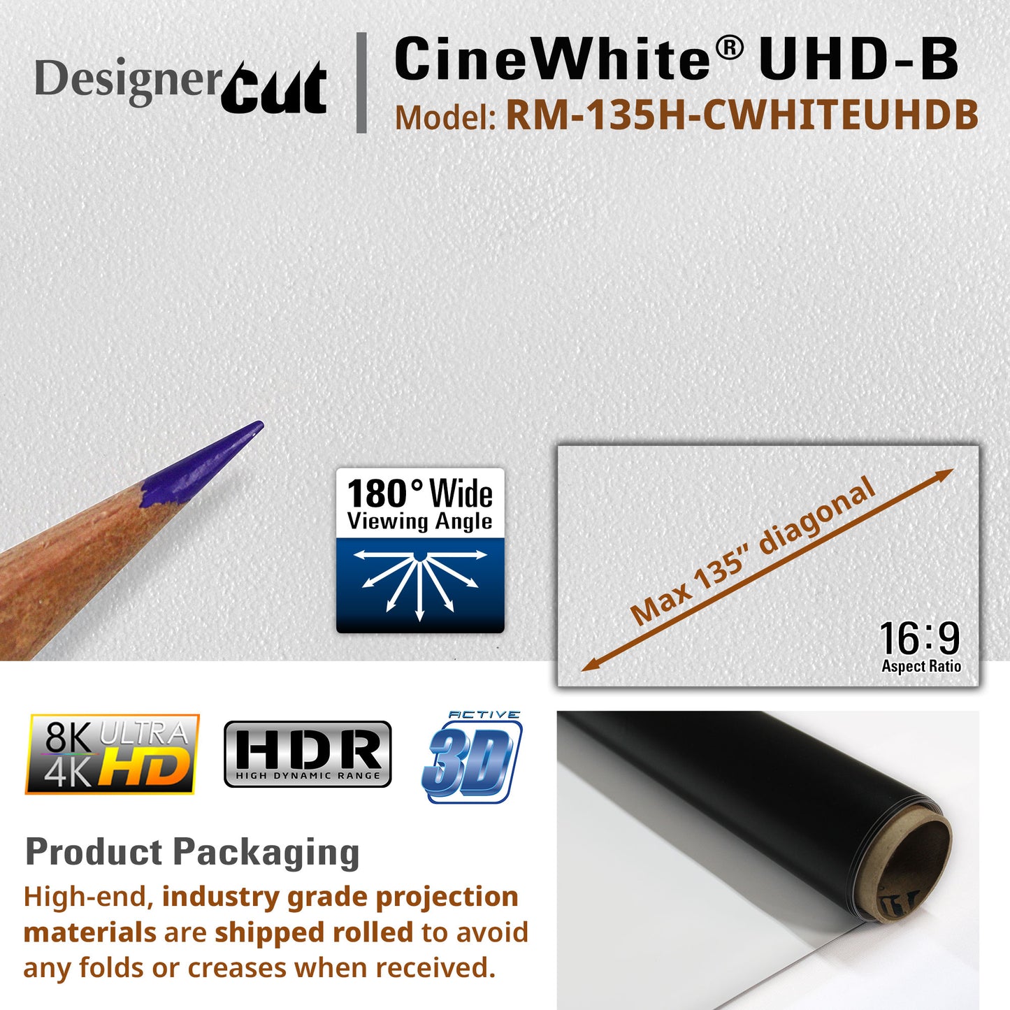 CineWhite UHD-B projection screen with specifications and features on a white background