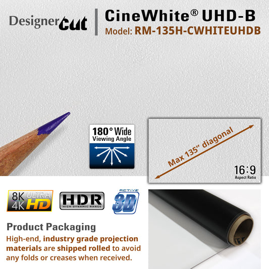 CineWhite UHD-B projection screen with specifications and features on a white background