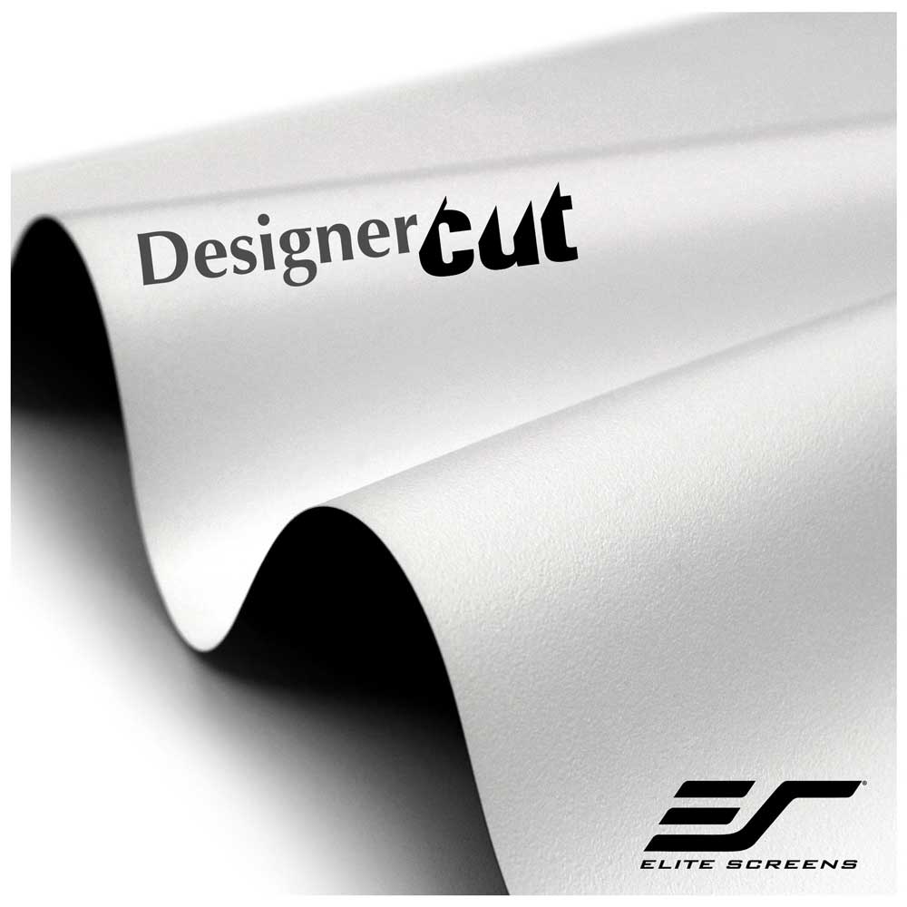A close-up of a white rolled sheet or material with the words 'Designer cut' printed across it, plus the Elite Screens logo in the lower right corner on a white background.
