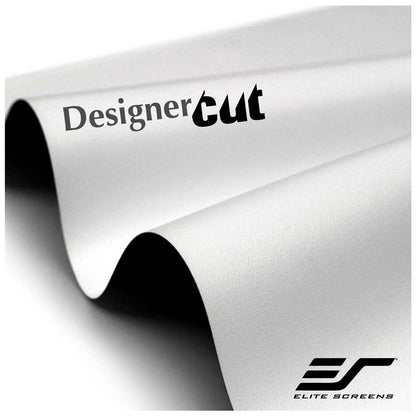A close-up of a white rolled sheet or material with the words 'Designer cut' printed across it, plus the Elite Screens logo in the lower right corner on a white background.