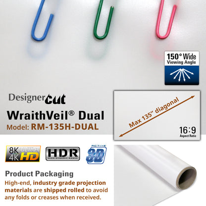 Advertisement for Designer Cut WraithVeil Dual projection material with paperclips and product details.
