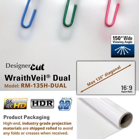 Advertisement for Designer Cut WraithVeil Dual projection material with paperclips and product details.
