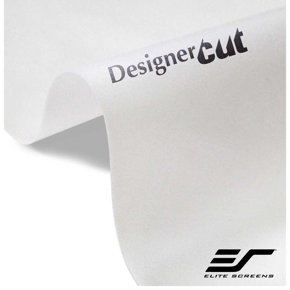 A close-up of a white curved sheet or flap printed with the words 'Designer cut' and the Elite Screens logo in black, shown on a white background.