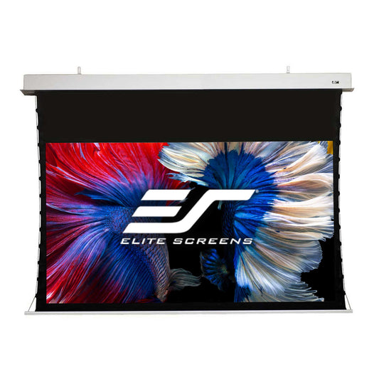 Elite Screens projector screen with colorful floral design on a white background