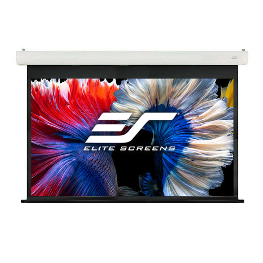 Elite Screens projector screen with colorful fish pattern on a white background