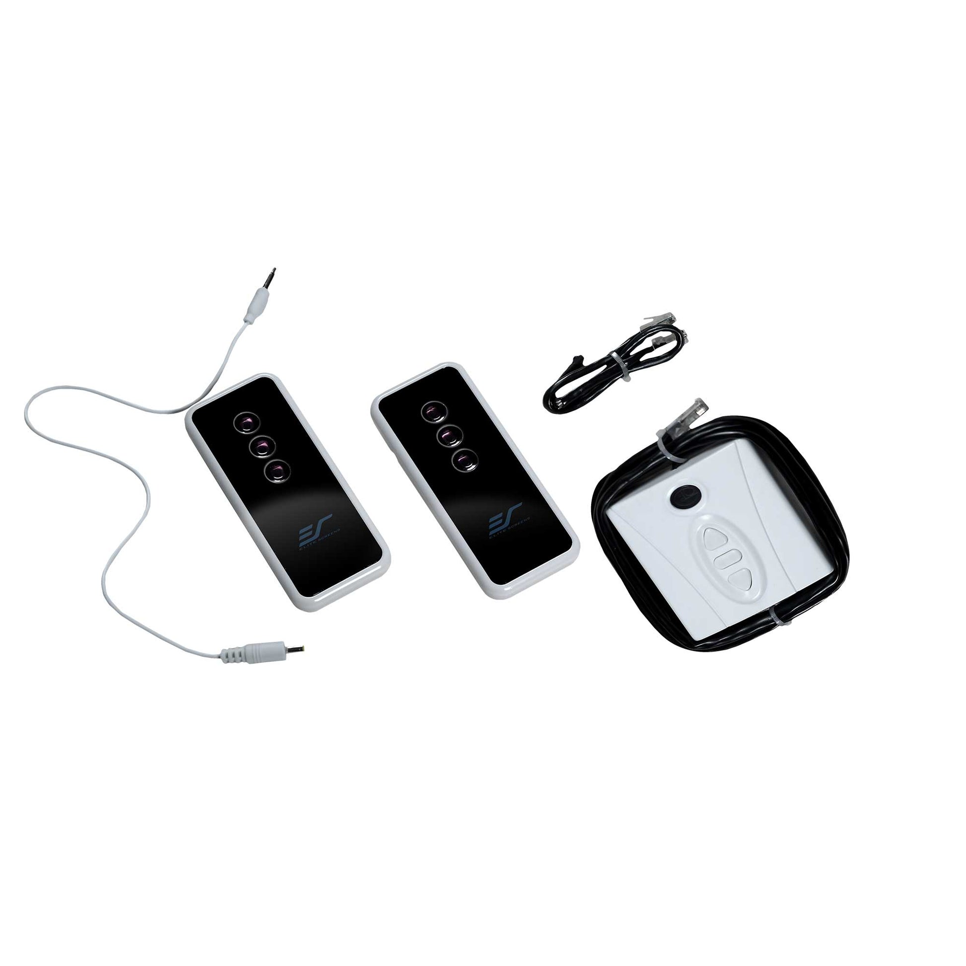 Two electronic devices with cables on a white background