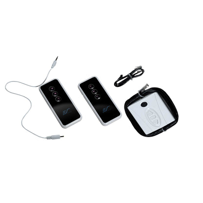 Two electronic devices with cables on a white background
