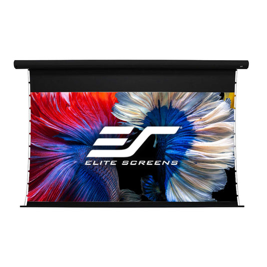 Elite Screens projector screen with colorful floral design on a white background