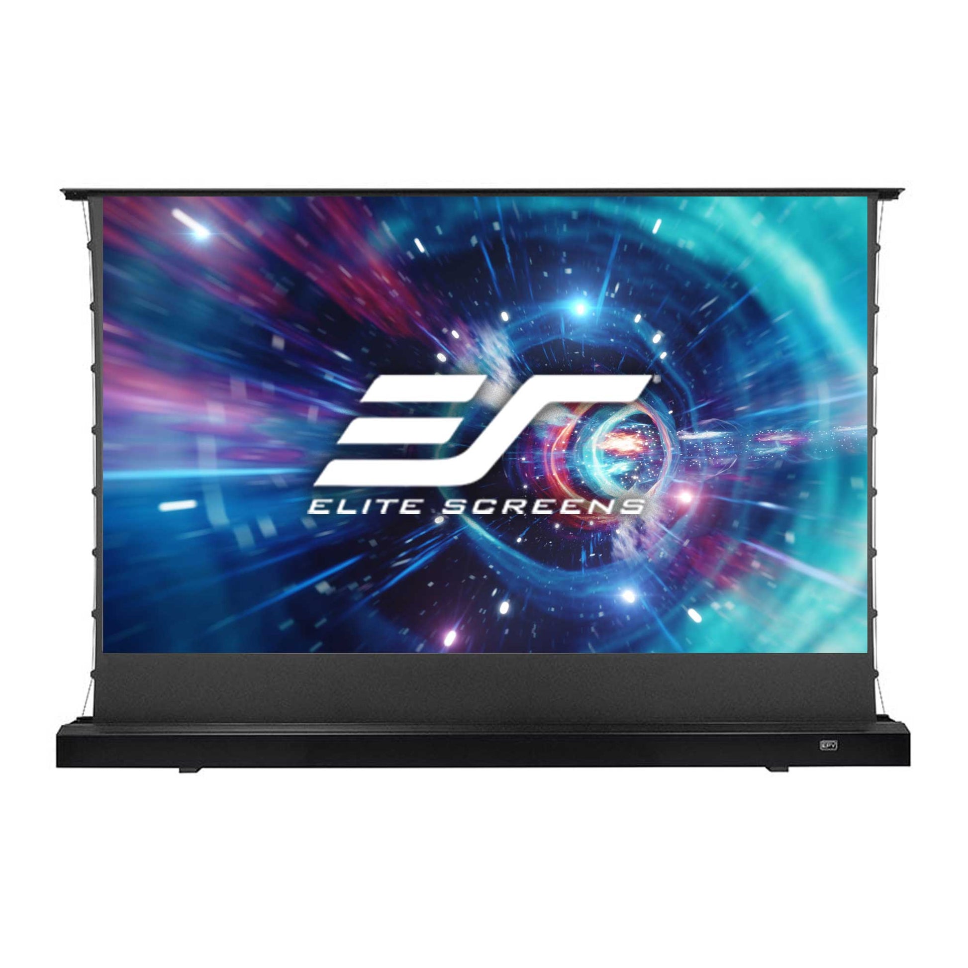 Elite Screens projector screen with a dynamic background and logo on a white background