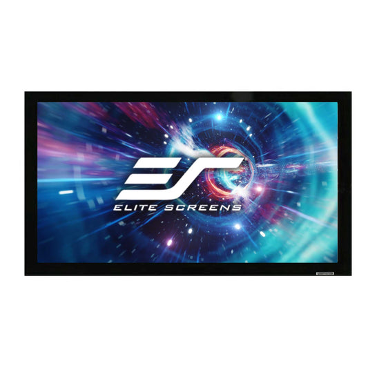 Elite Screens projector screen with a futuristic design on a white background