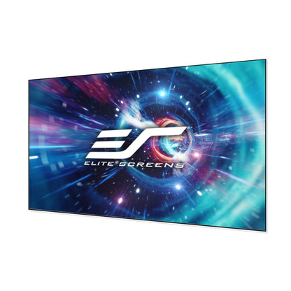 Elite Screens projector screen with a dynamic cosmic design on a white background