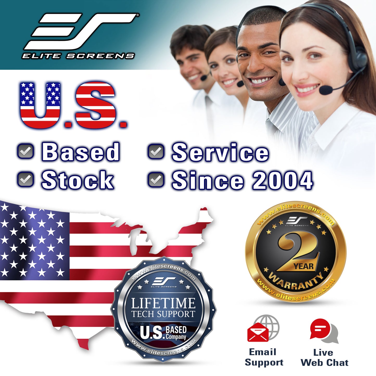 Advertisement for Elite Screens with customer service team, U.S. flag, and warranty information.
