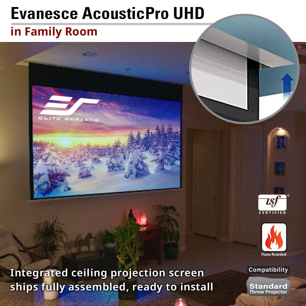 Integrated ceiling projection screen with Elite Screens logo in a family room setting.