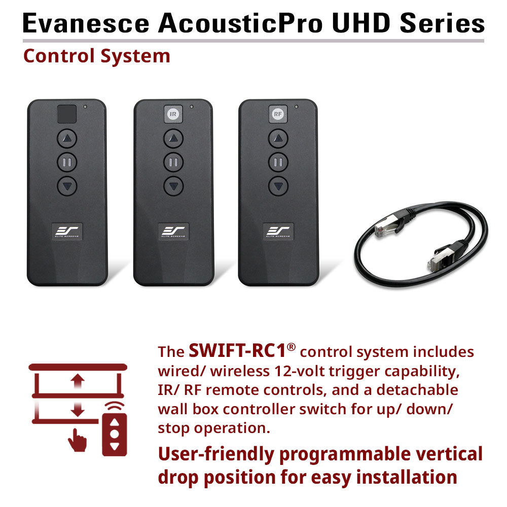 Evanescence AcousticPro UHD Series control system with remote controls and cable on a white background.