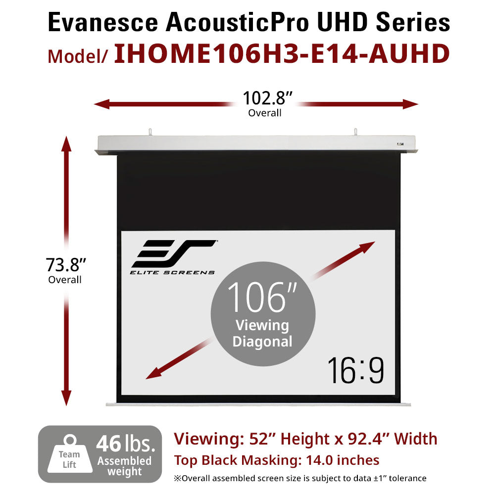 Elite Screens Evanesce AcousticPro UHD Series projector screen with dimensions and specifications.