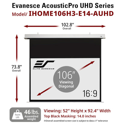Elite Screens Evanesce AcousticPro UHD Series projector screen with dimensions and specifications.
