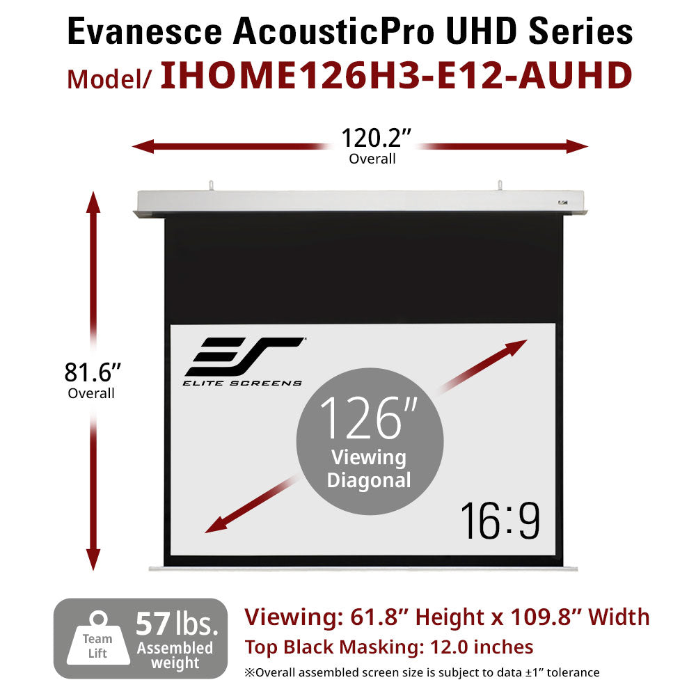 Elite Screens Evanesce AcousticPro UHD Series projector screen with dimensions and specifications.