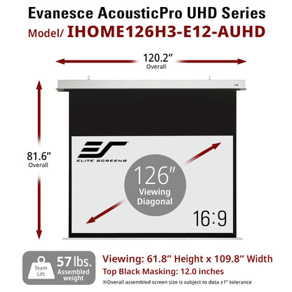 Elite Screens Evanesce AcousticPro UHD Series projector screen with dimensions and specifications.