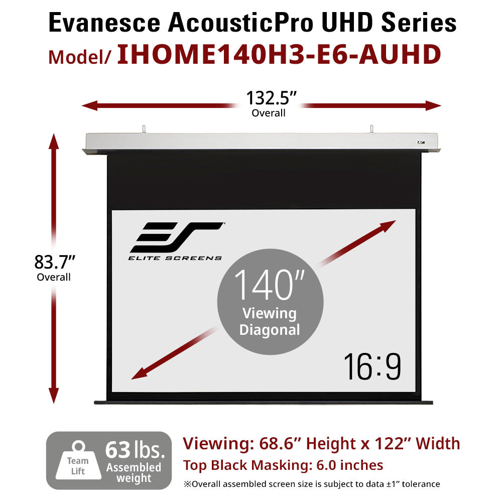 Elite Screens Evanesce AcousticPro UHD Series projector screen with dimensions and specifications.