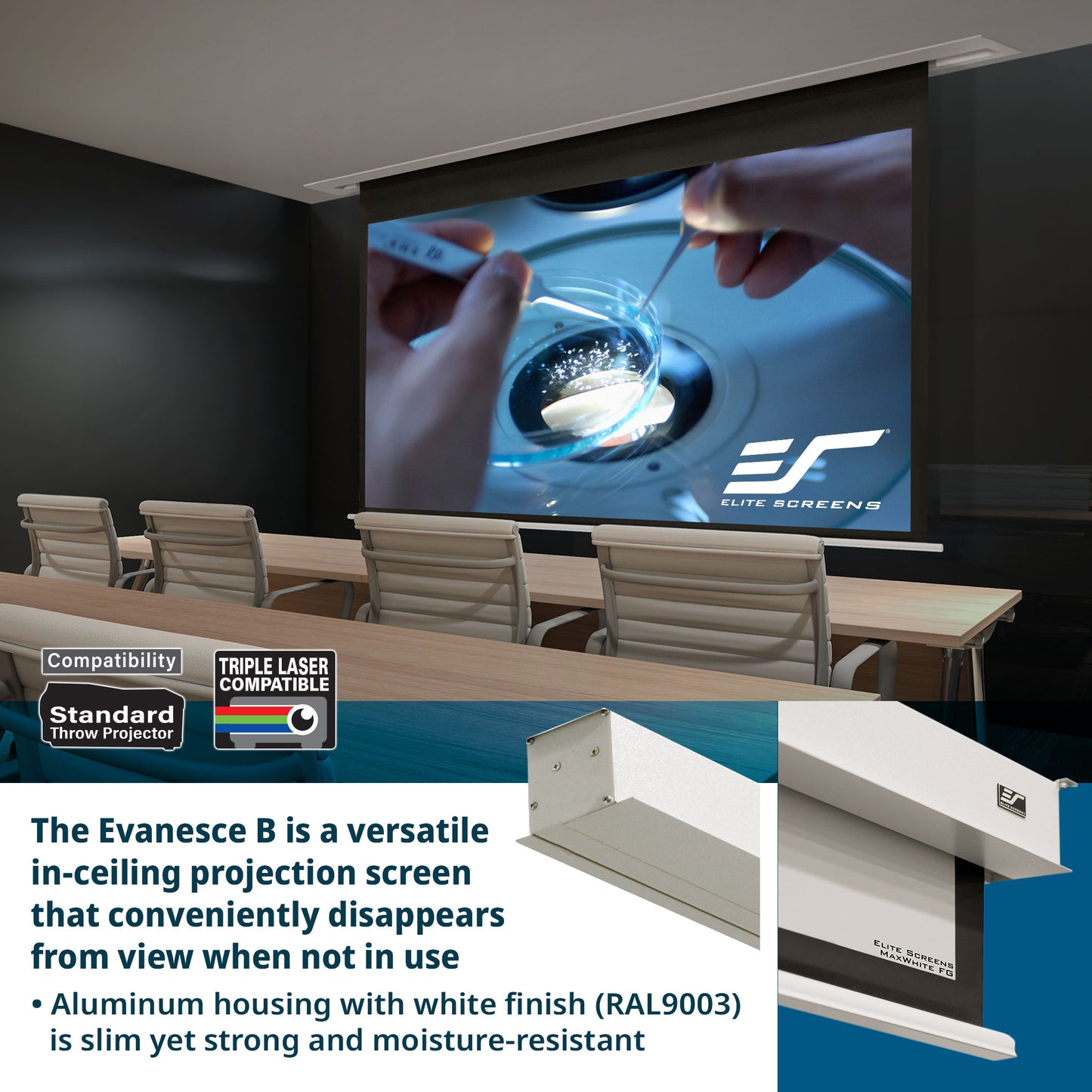 Ceiling-mounted projection screen with a display of a person using a microscope, featuring the Elite Screens logo.