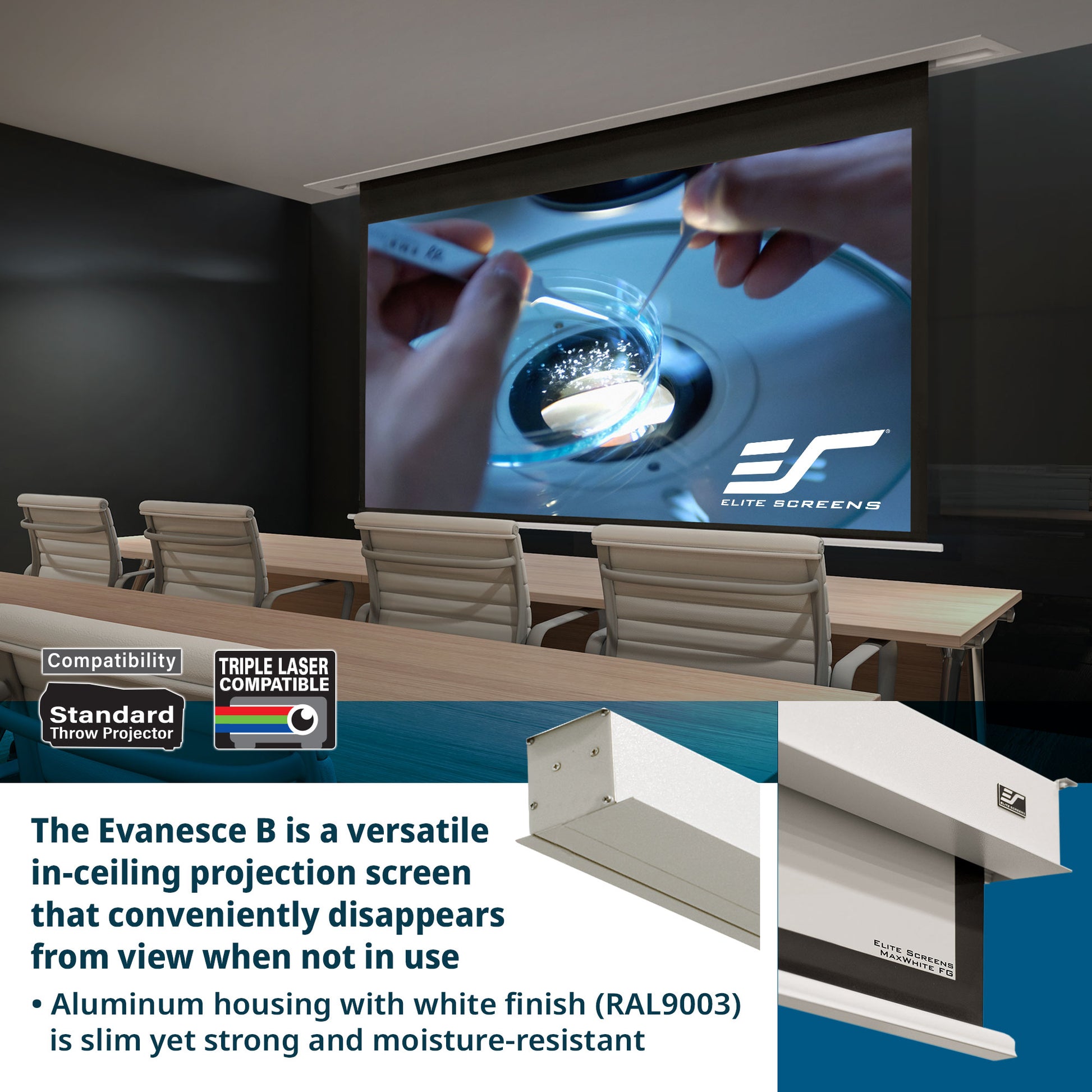 Ceiling-mounted projection screen with a display of a person using a microscope, featuring the Elite Screens logo.