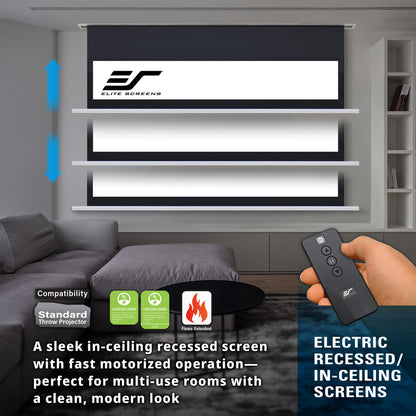 Electric recessed/in-ceiling screen with remote control in a living room setting, featuring Elite Screens logo.