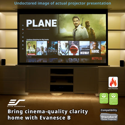 Projector screen displaying a movie with Elite Screens branding and product features.