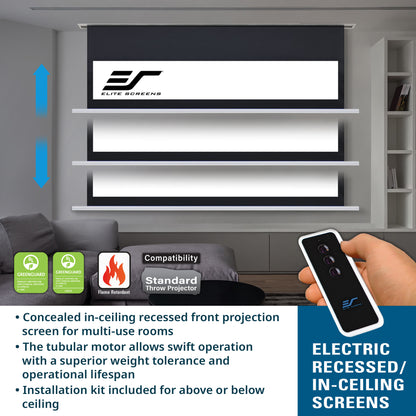 Electric recessed/in-ceiling screen with remote control and Elite Screens branding.