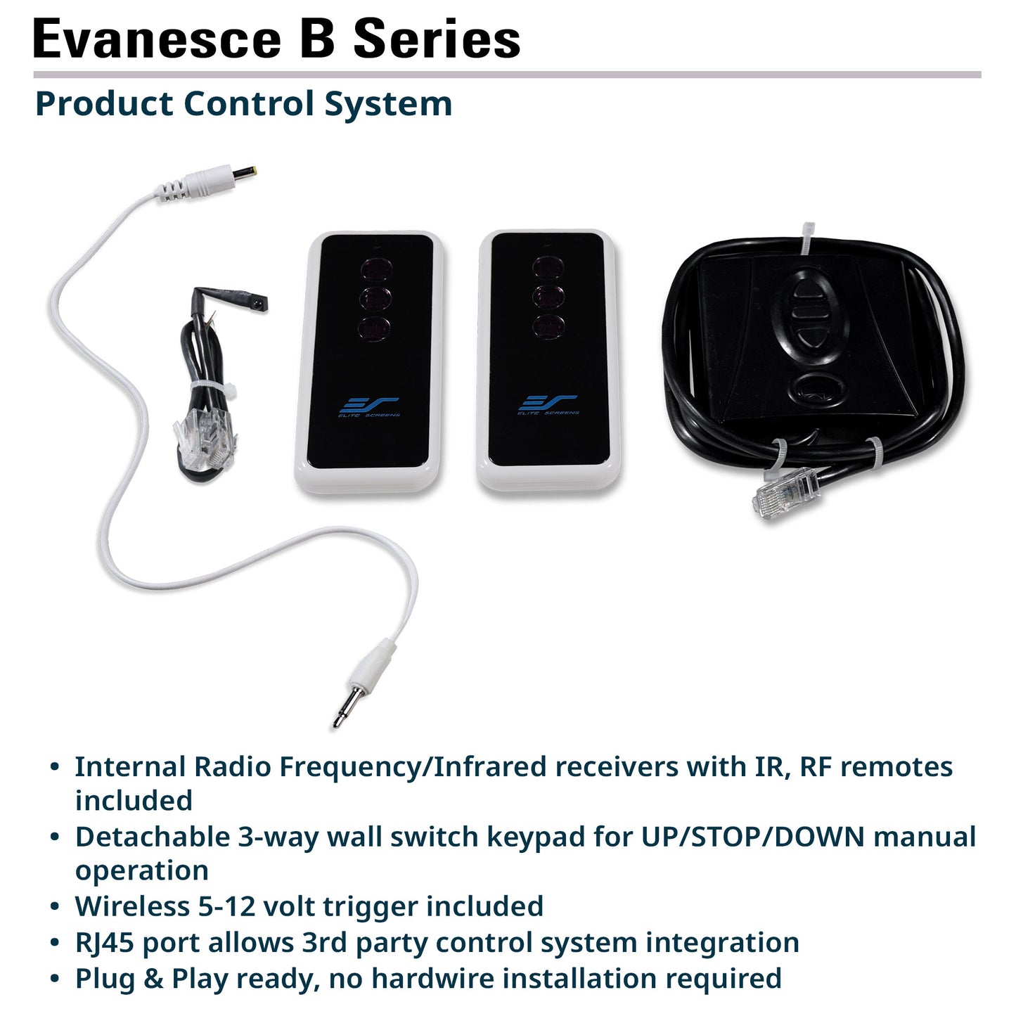 Evanesce B Series product control system with remote controls and wiring on a white background