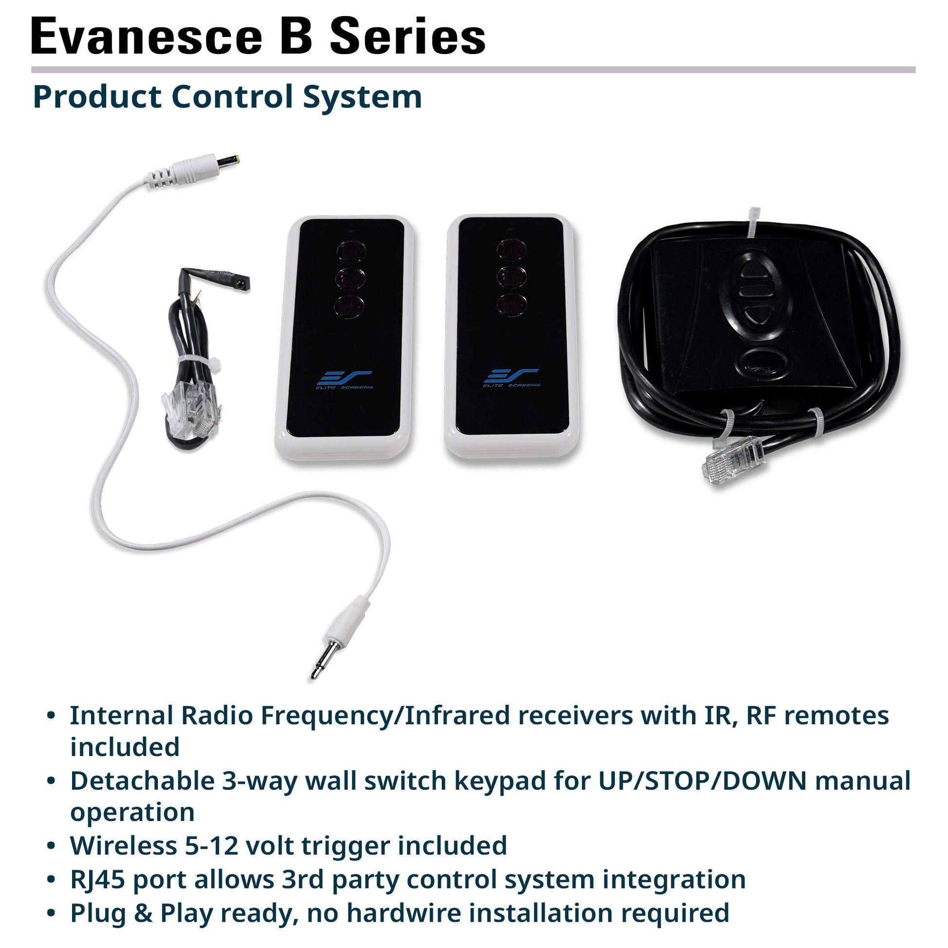 Evanesce B Series product control system with remote controls and wiring on a white background