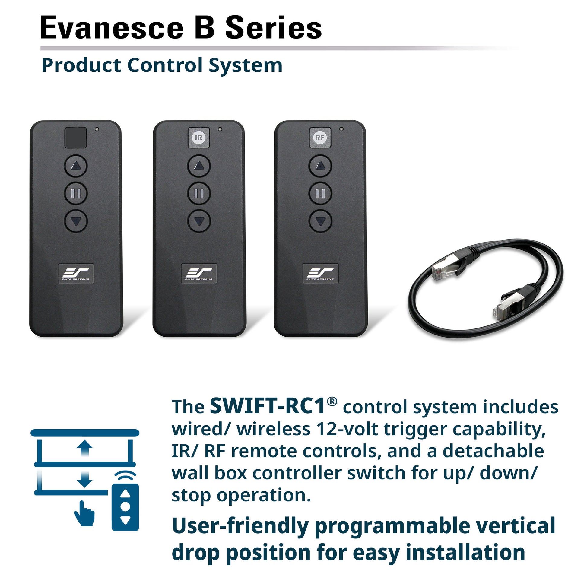 Evancesce B Series Product Control System with remote controls and cable on a white background