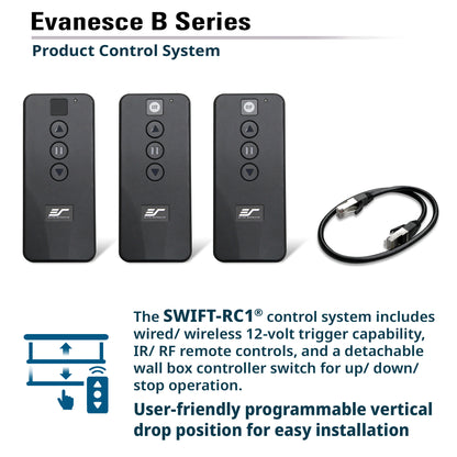 Evancesce B Series Product Control System with remote controls and cable on a white background