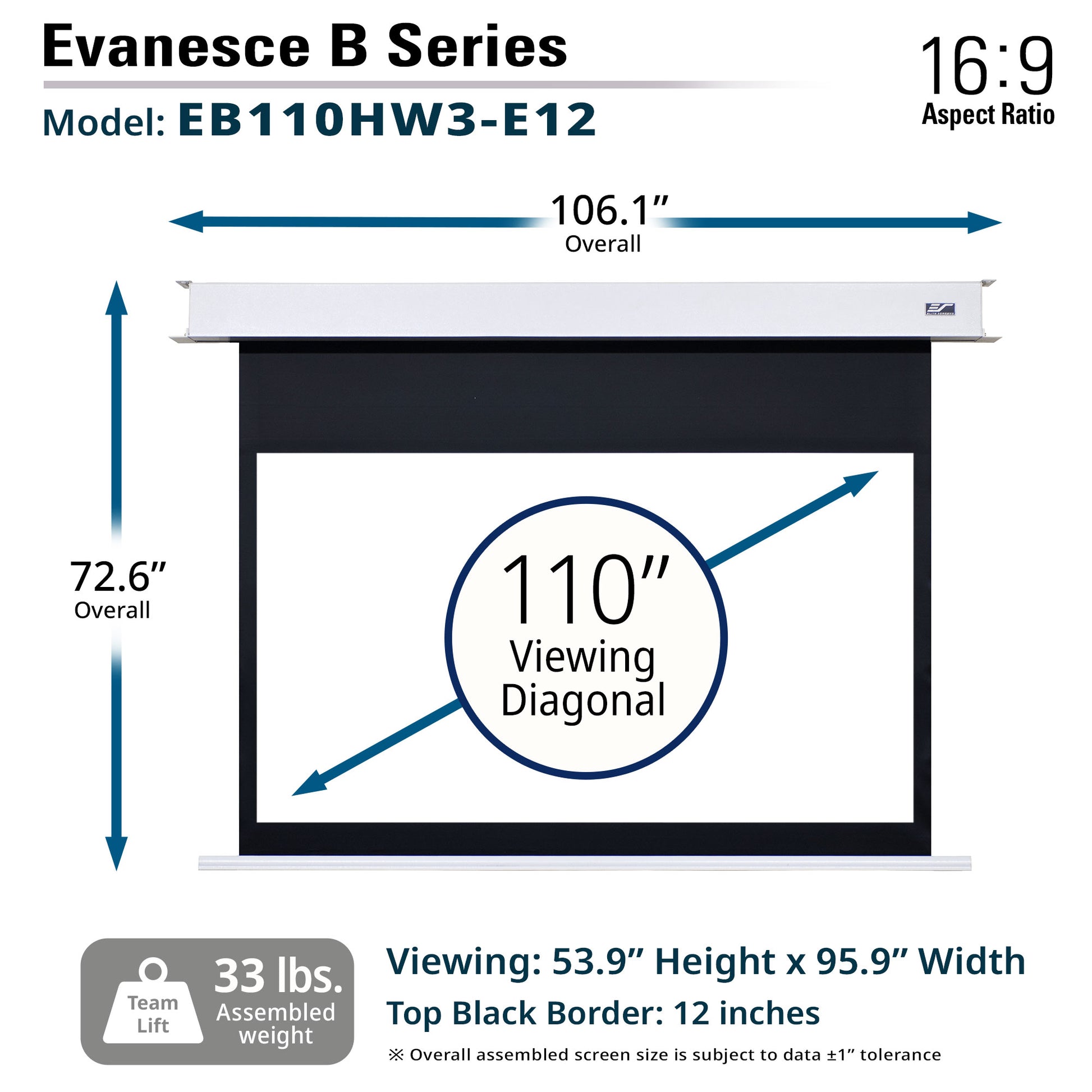 Evancesce B Series projector screen with dimensions and specifications on a white background